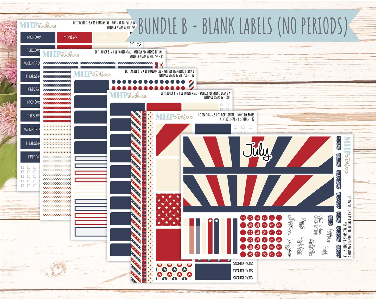 JULY Stickers for EC Teacher Lesson Planner - Horizontal Layout. 2026 Collection "Vintage Stars & Stripes" || ECTH