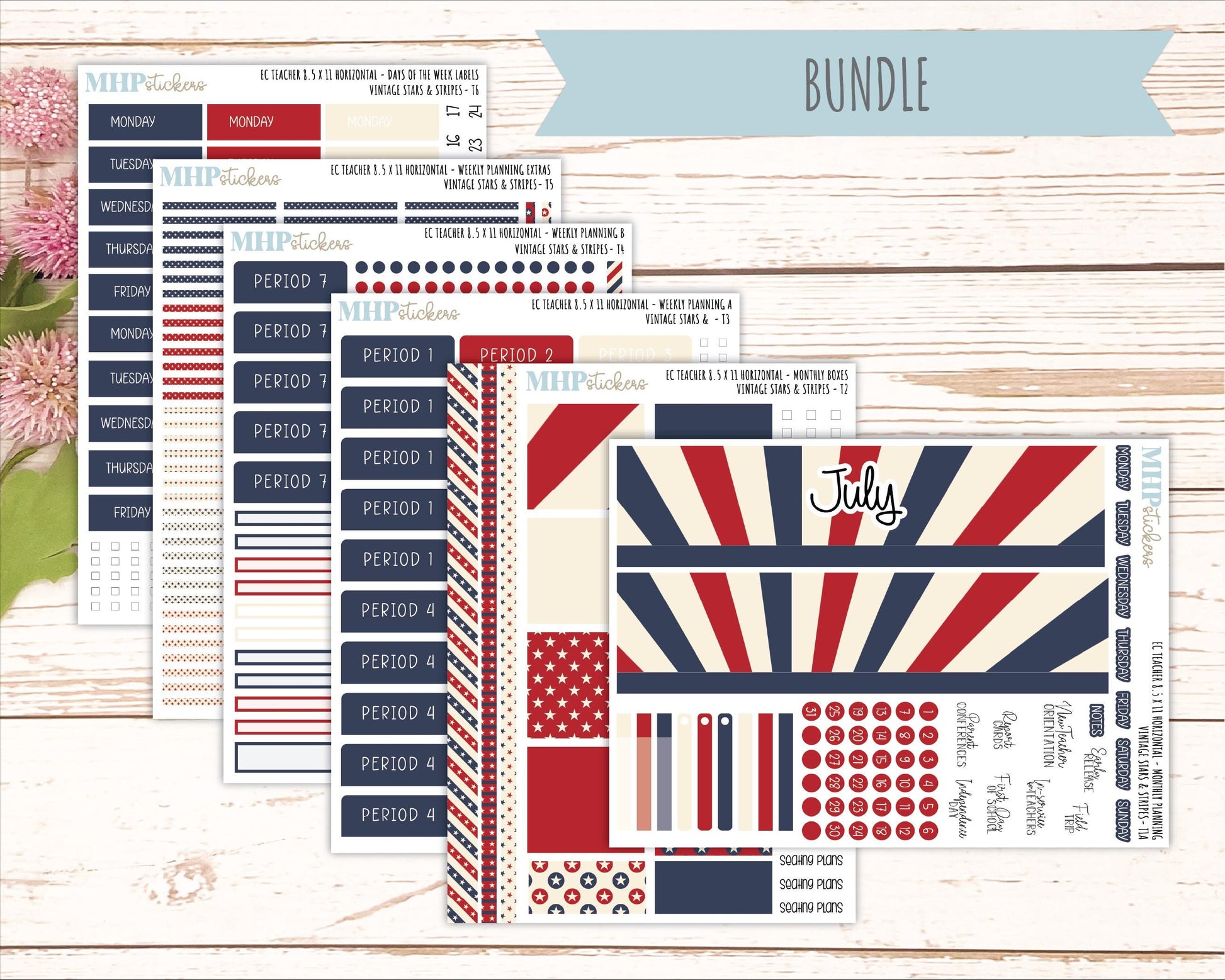 JULY Stickers for EC Teacher Lesson Planner - Horizontal Layout. 2026 Collection "Vintage Stars & Stripes" || ECTH
