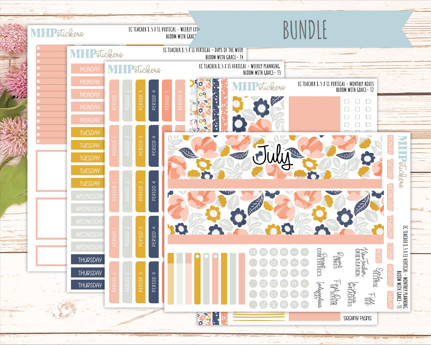 JULY Stickers for EC Teacher Lesson Planner - Vertical Layout. 2026 Collection "Bloom with Grace" || ECTV