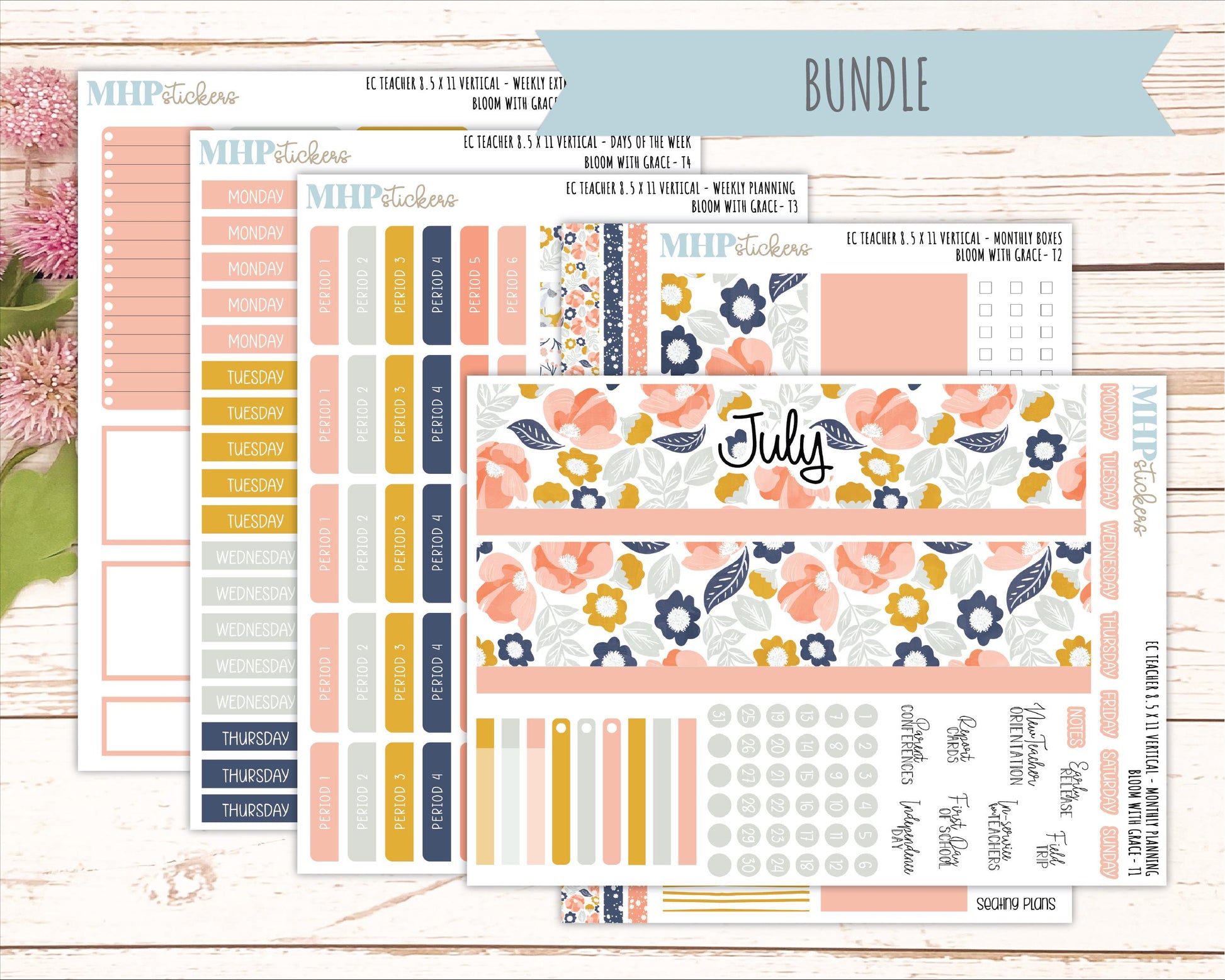 JULY Stickers for EC Teacher Lesson Planner - Vertical Layout. 2026 Collection "Bloom with Grace" || ECTV