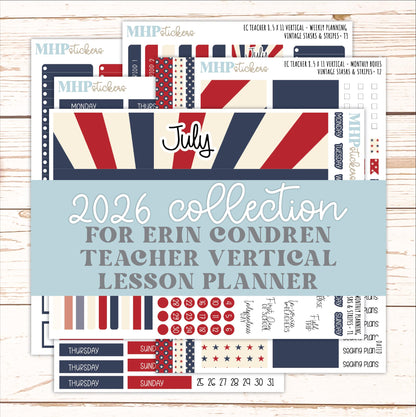 JULY Stickers for EC Teacher Lesson Planner - Vertical Layout. 2026 Collection "Vintage Stars & Stripes" || ECTV