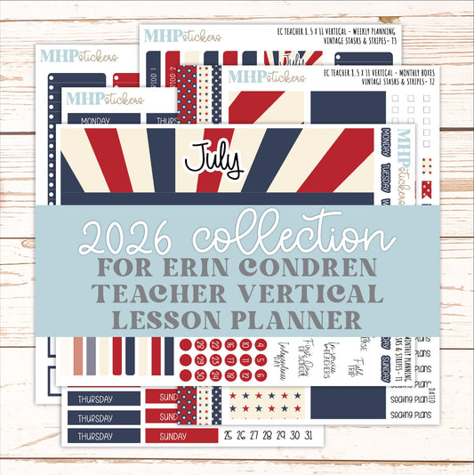 JULY Stickers for EC Teacher Lesson Planner - Vertical Layout. 2026 Collection "Vintage Stars & Stripes" || ECTV