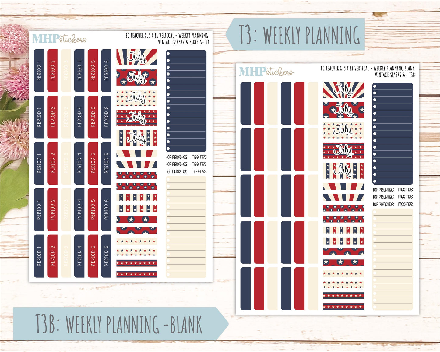 JULY Stickers for EC Teacher Lesson Planner - Vertical Layout. 2026 Collection "Vintage Stars & Stripes" || ECTV