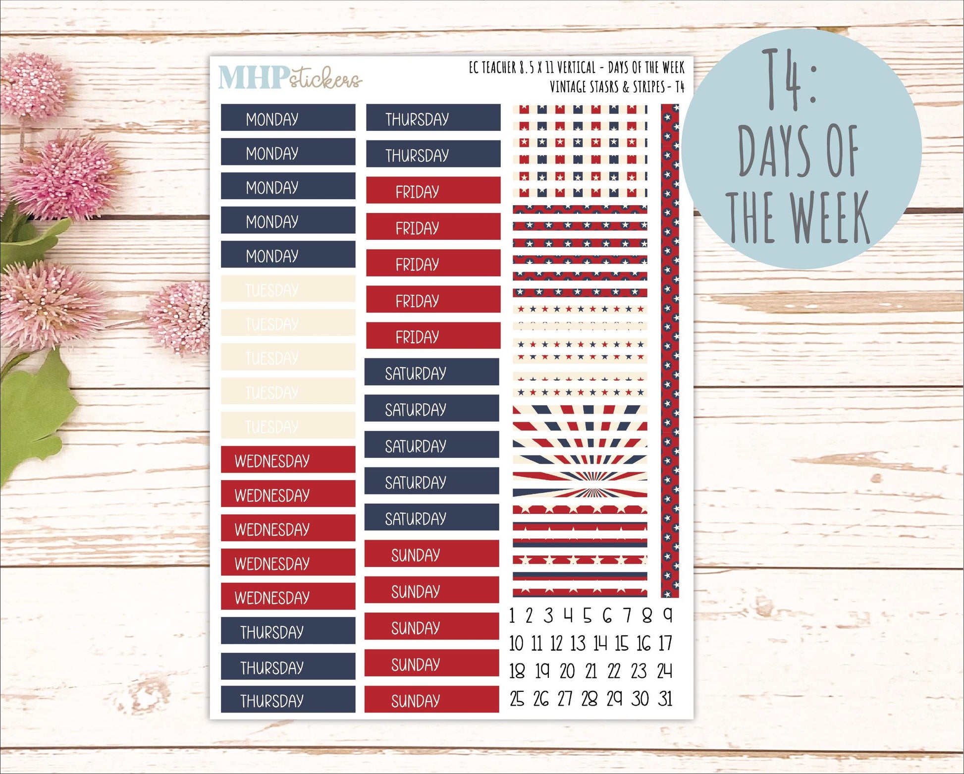 JULY Stickers for EC Teacher Lesson Planner - Vertical Layout. 2026 Collection "Vintage Stars & Stripes" || ECTV