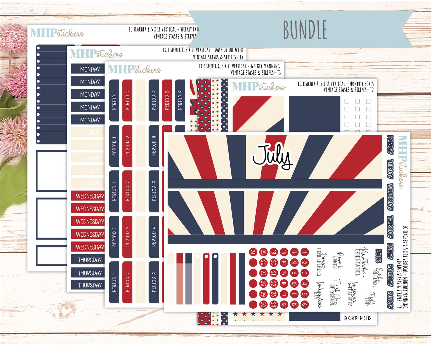 JULY Stickers for EC Teacher Lesson Planner - Vertical Layout. 2026 Collection "Vintage Stars & Stripes" || ECTV