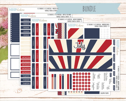JULY Stickers for EC Teacher Lesson Planner - Vertical Layout. 2026 Collection "Vintage Stars & Stripes" || ECTV