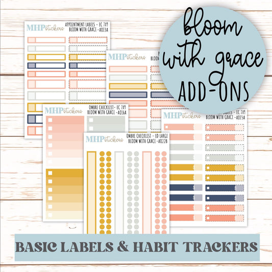 Basic Labels & Habit Trackers. ADD-Ons for Monthly Kits "Bloom with Grace" || AOBL