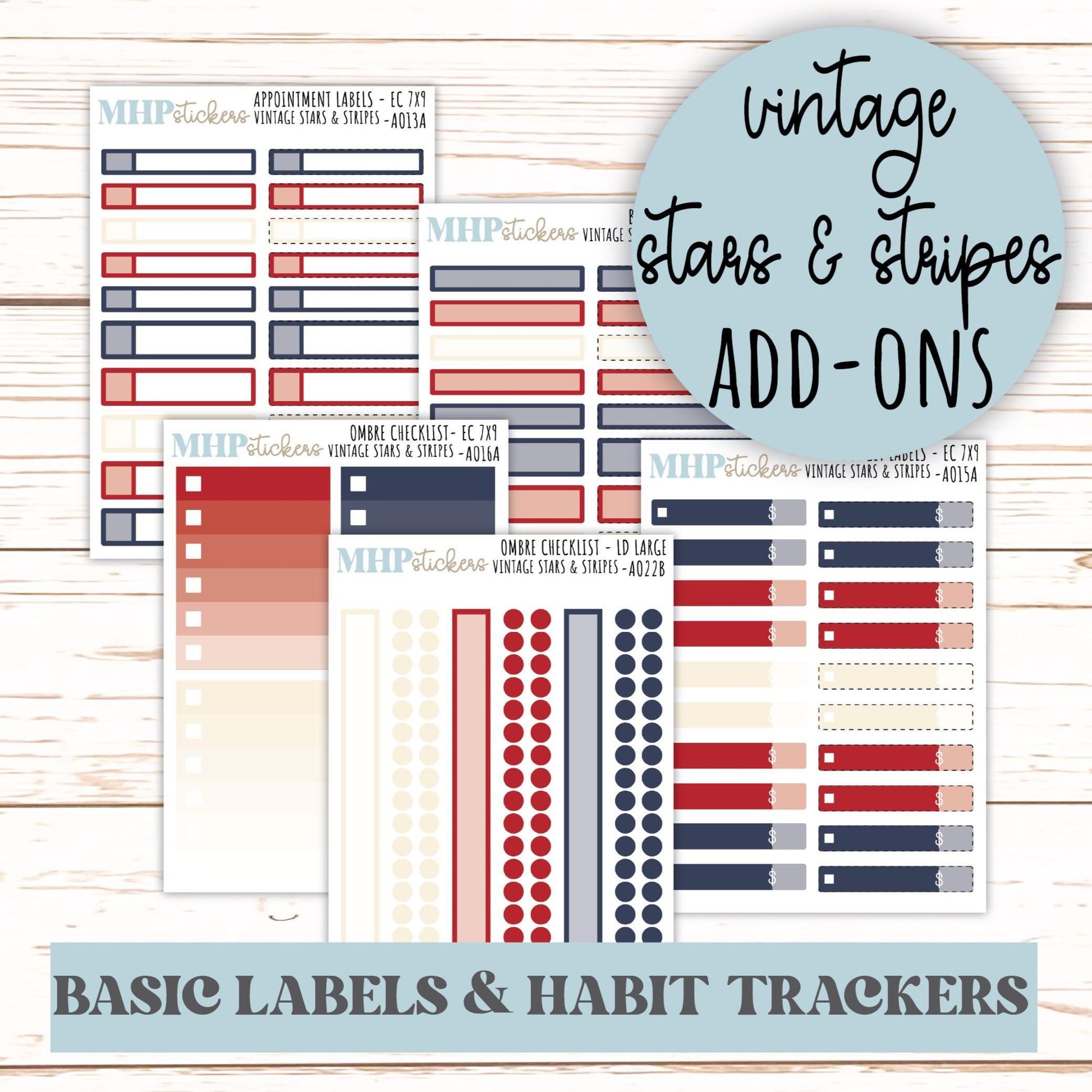 Basic Labels & Habit Trackers. ADD-Ons for Monthly Kits "Vintage Stars and Stripes" || AOBL