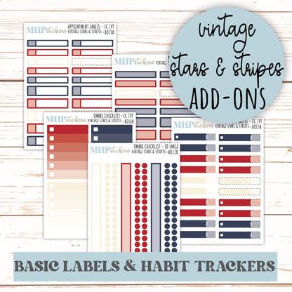 Basic Labels & Habit Trackers. ADD-Ons for Monthly Kits "Vintage Stars and Stripes" || AOBL