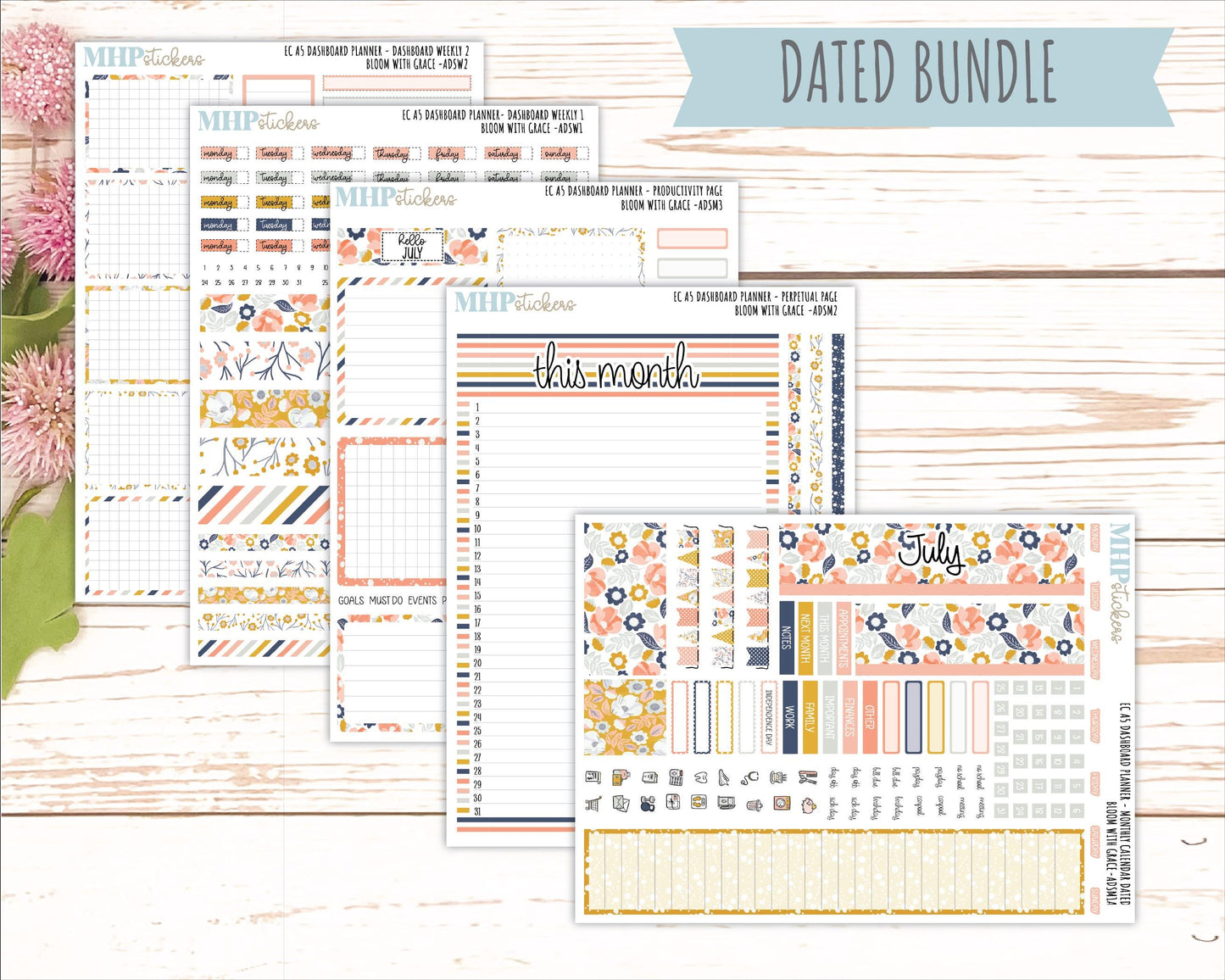 JULY Monthly Kit for A5 Erin Condren Dashboard Planners. 2026 Collection "Bloom with Grace" || ECADS