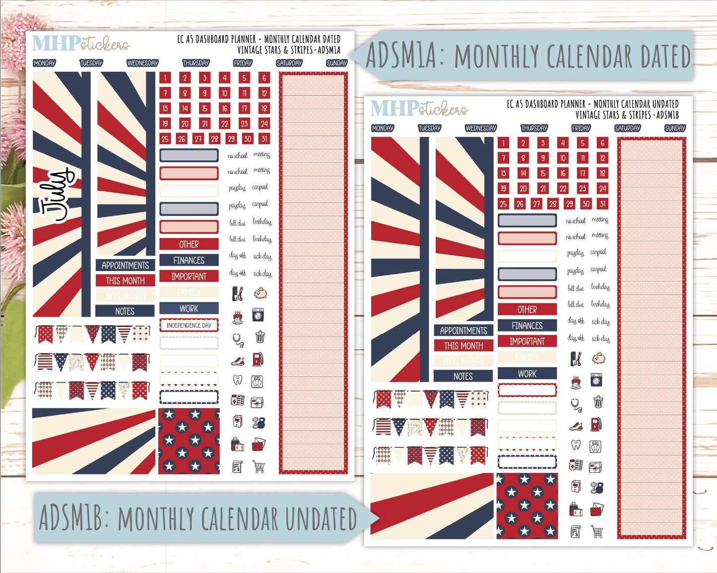 JULY Monthly Kit for A5 Erin Condren Dashboard Planners. 2026 Collection "Vintage Stars & Stripes" || ECADS