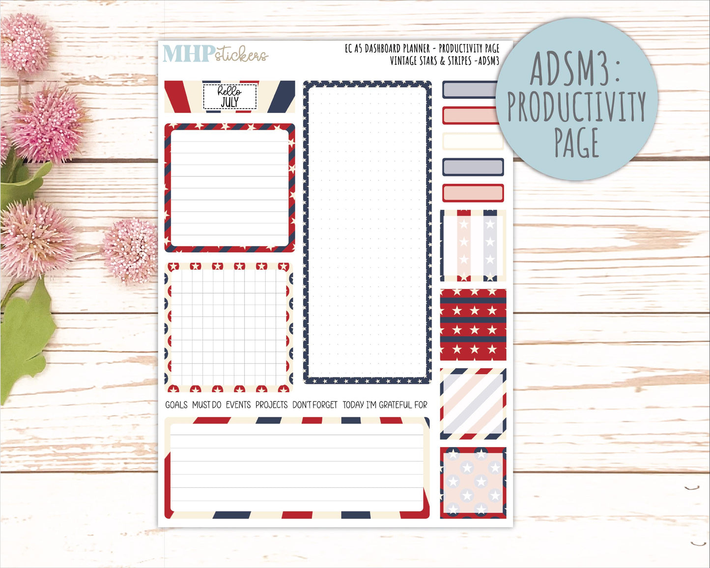JULY Monthly Kit for A5 Erin Condren Dashboard Planners. 2026 Collection "Vintage Stars & Stripes" || ECADS