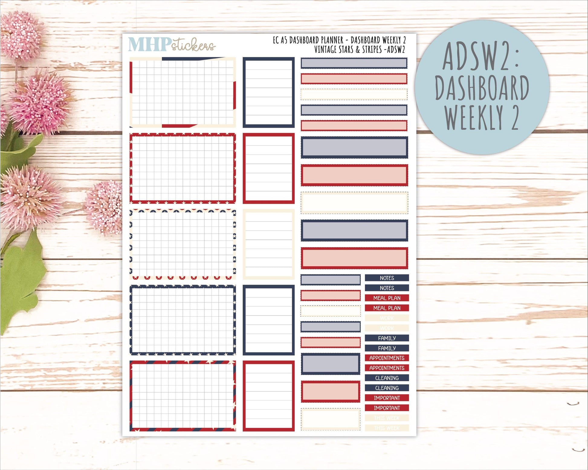 JULY Monthly Kit for A5 Erin Condren Dashboard Planners. 2026 Collection "Vintage Stars & Stripes" || ECADS