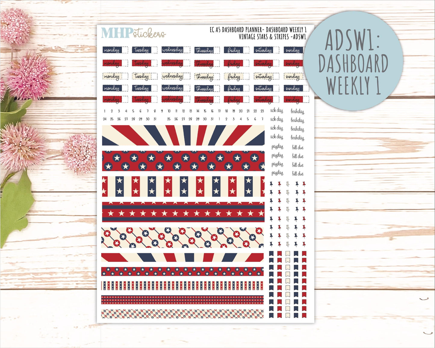 JULY Monthly Kit for A5 Erin Condren Dashboard Planners. 2026 Collection "Vintage Stars & Stripes" || ECADS