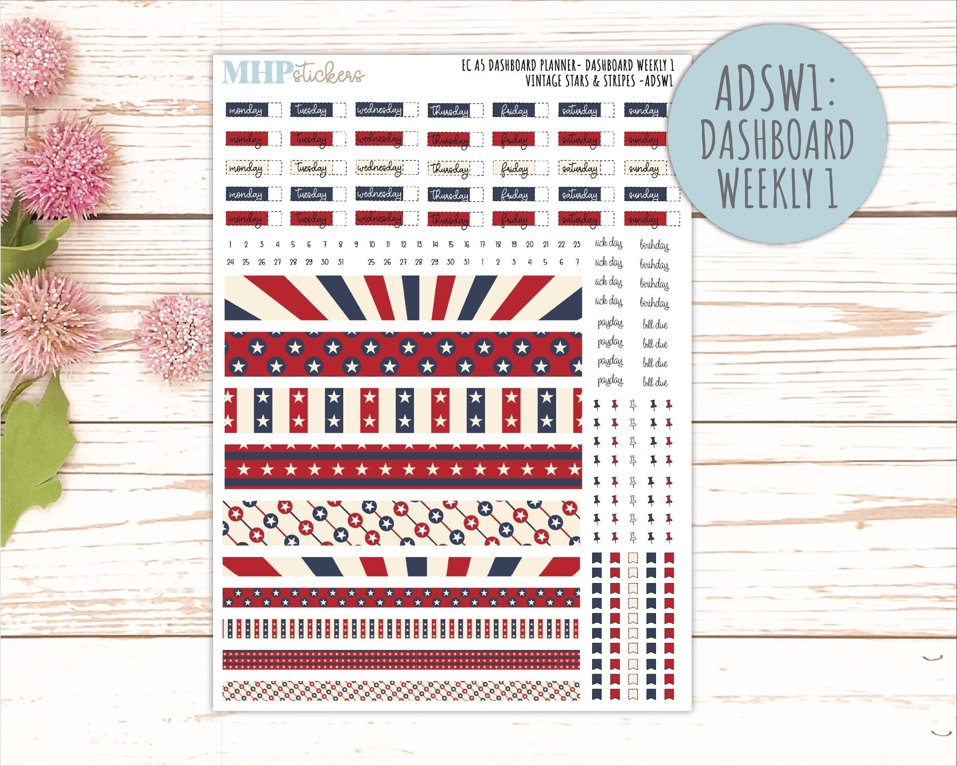 JULY Monthly Kit for A5 Erin Condren Dashboard Planners. 2026 Collection "Vintage Stars & Stripes" || ECADS