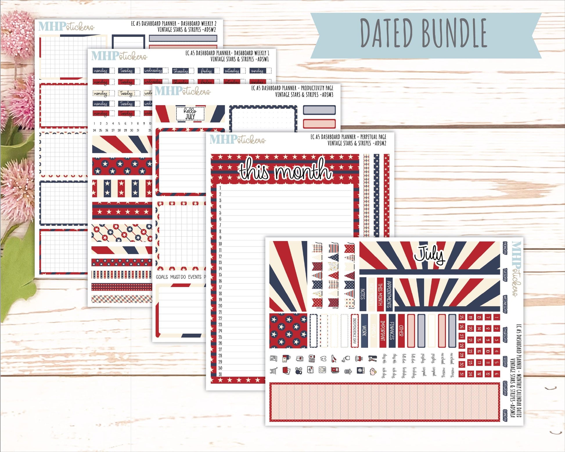 JULY Monthly Kit for A5 Erin Condren Dashboard Planners. 2026 Collection "Vintage Stars & Stripes" || ECADS