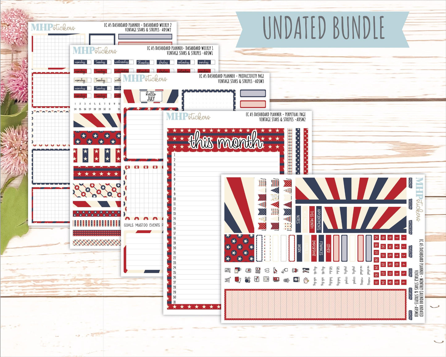 JULY Monthly Kit for A5 Erin Condren Dashboard Planners. 2026 Collection "Vintage Stars & Stripes" || ECADS