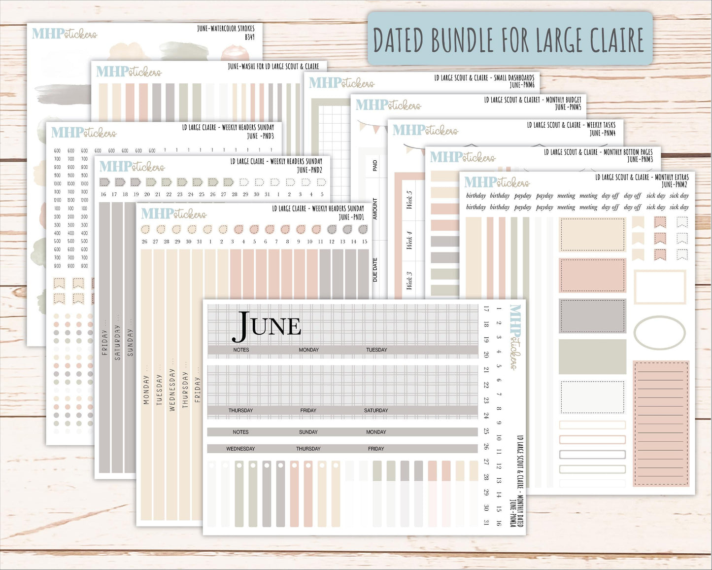 JUNE Neutral Color Stickers for the Large Scout & Claire Laurel Denise Planners || PTN26