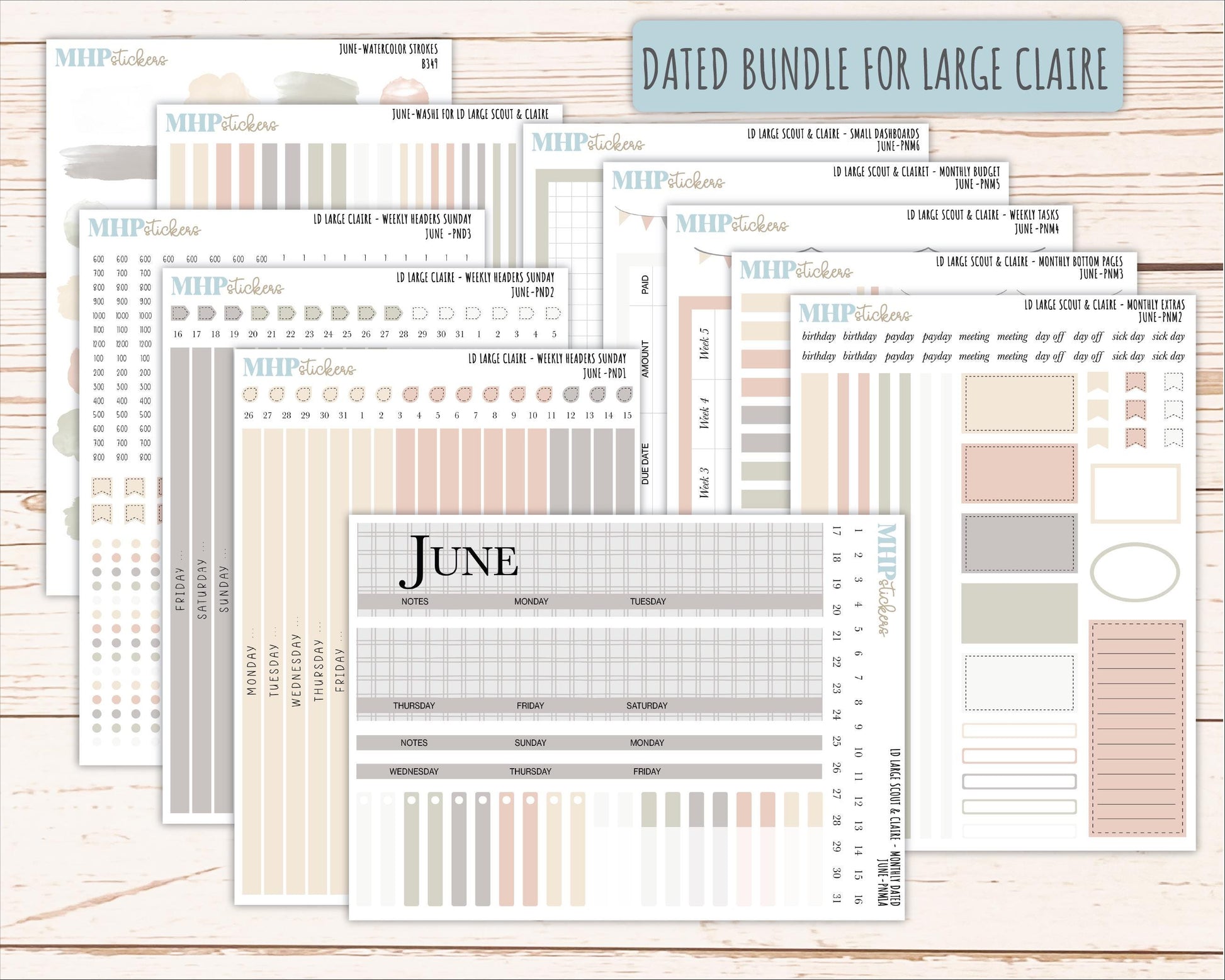 JUNE Neutral Color Stickers for the Large Scout & Claire Laurel Denise Planners || PTN26