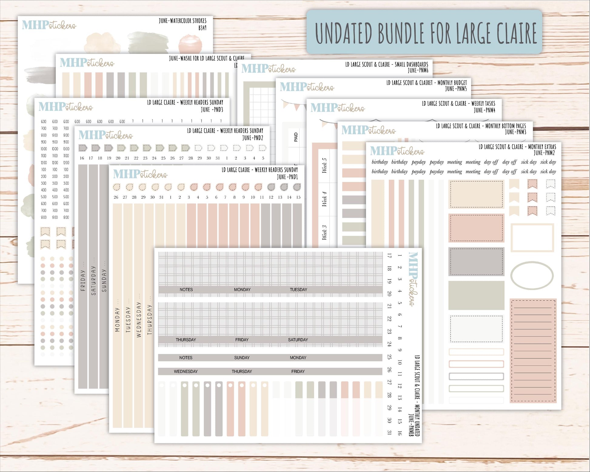 JUNE Neutral Color Stickers for the Large Scout & Claire Laurel Denise Planners || PTN26