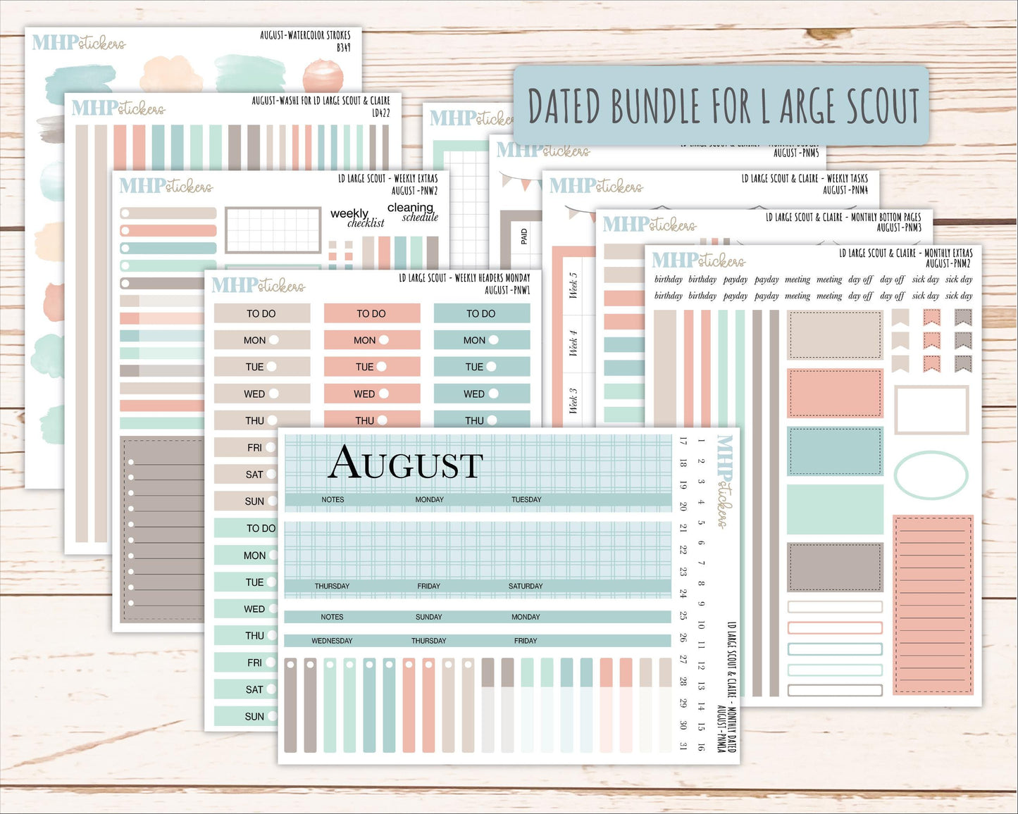 AUGUST Neutral Color Stickers for the Large Scout & Claire Laurel Denise Planners || PTN26