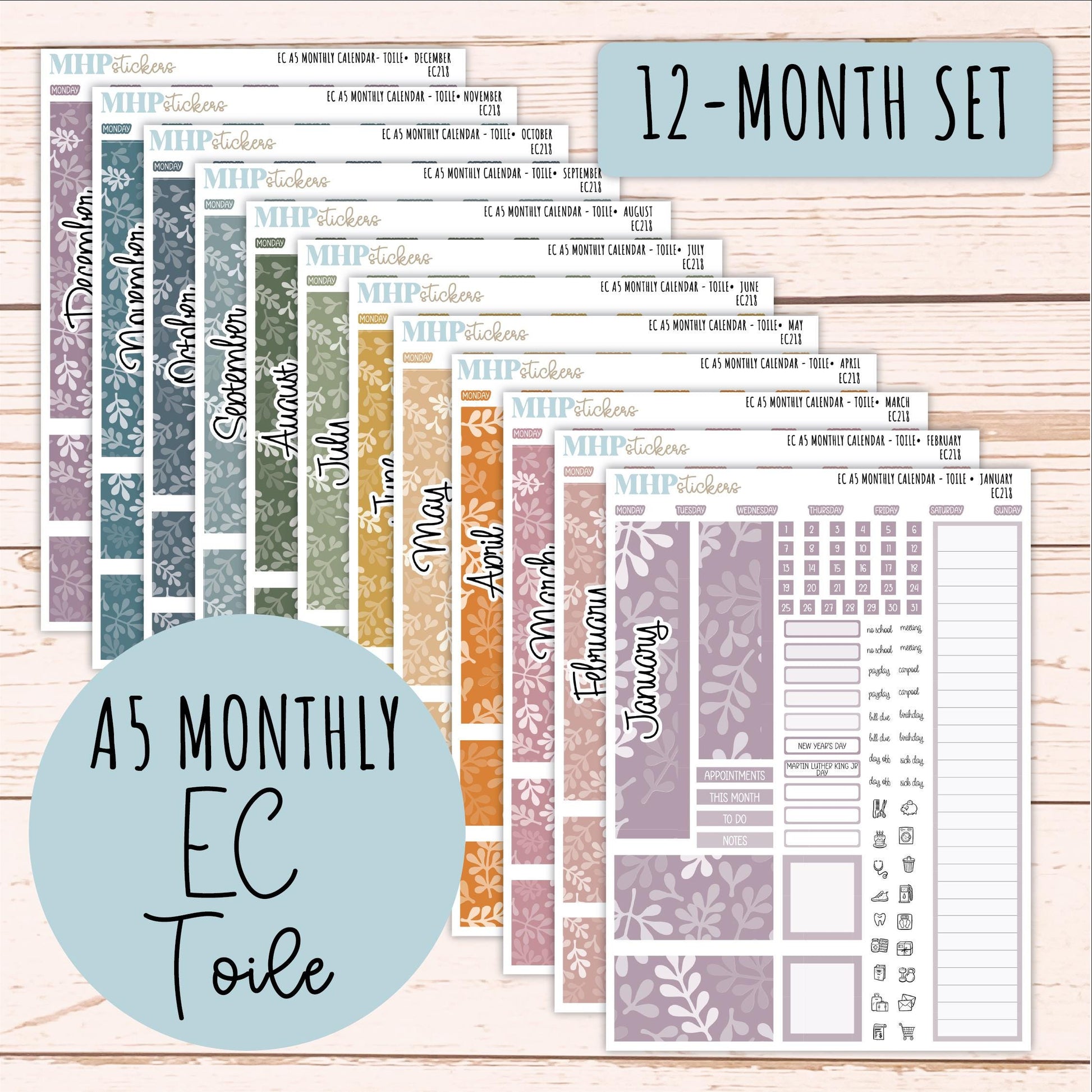 Monthly Headers for A5 Erin Condren Planners. TOILE Color Way || EC218