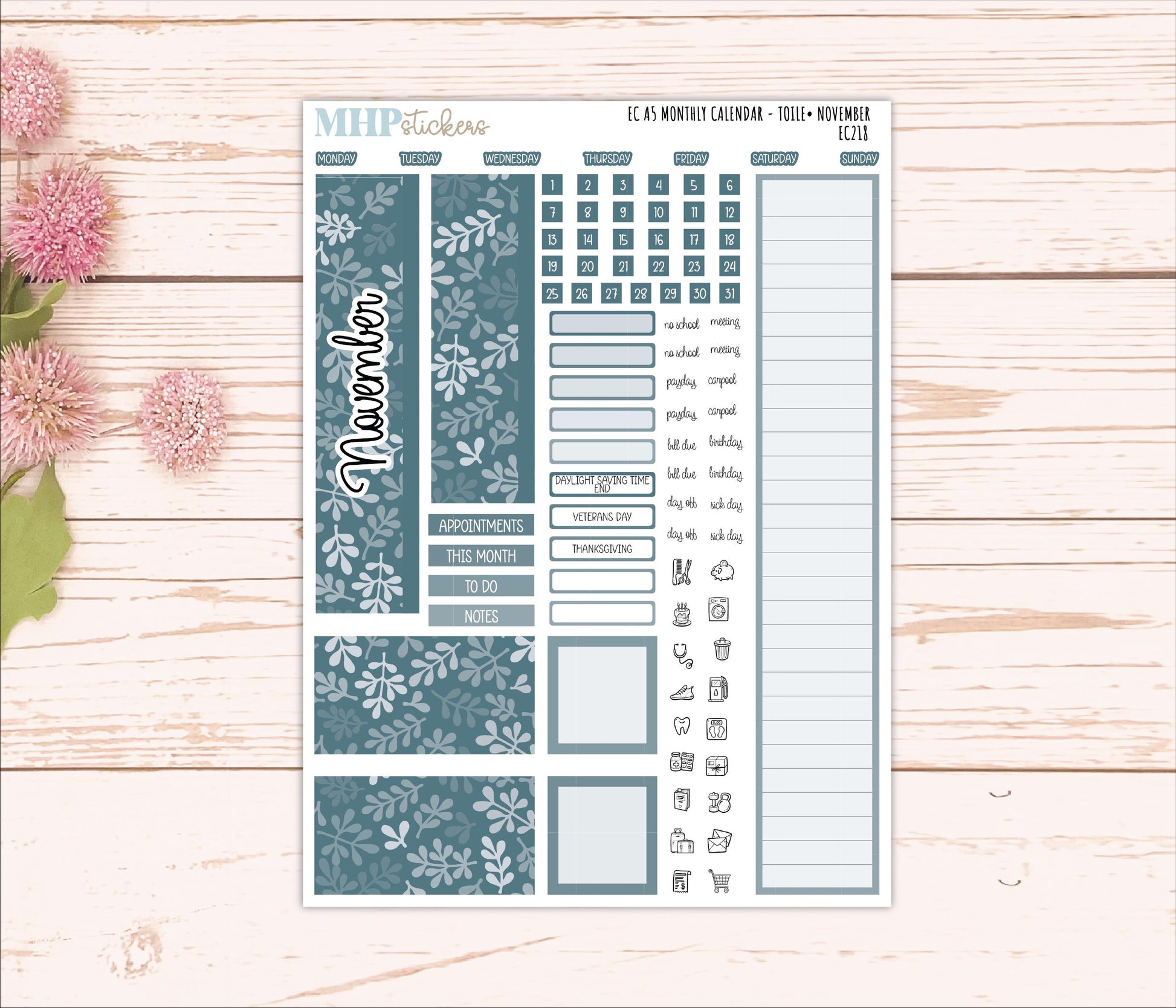 Monthly Headers for A5 Erin Condren Planners. TOILE Color Way || EC218