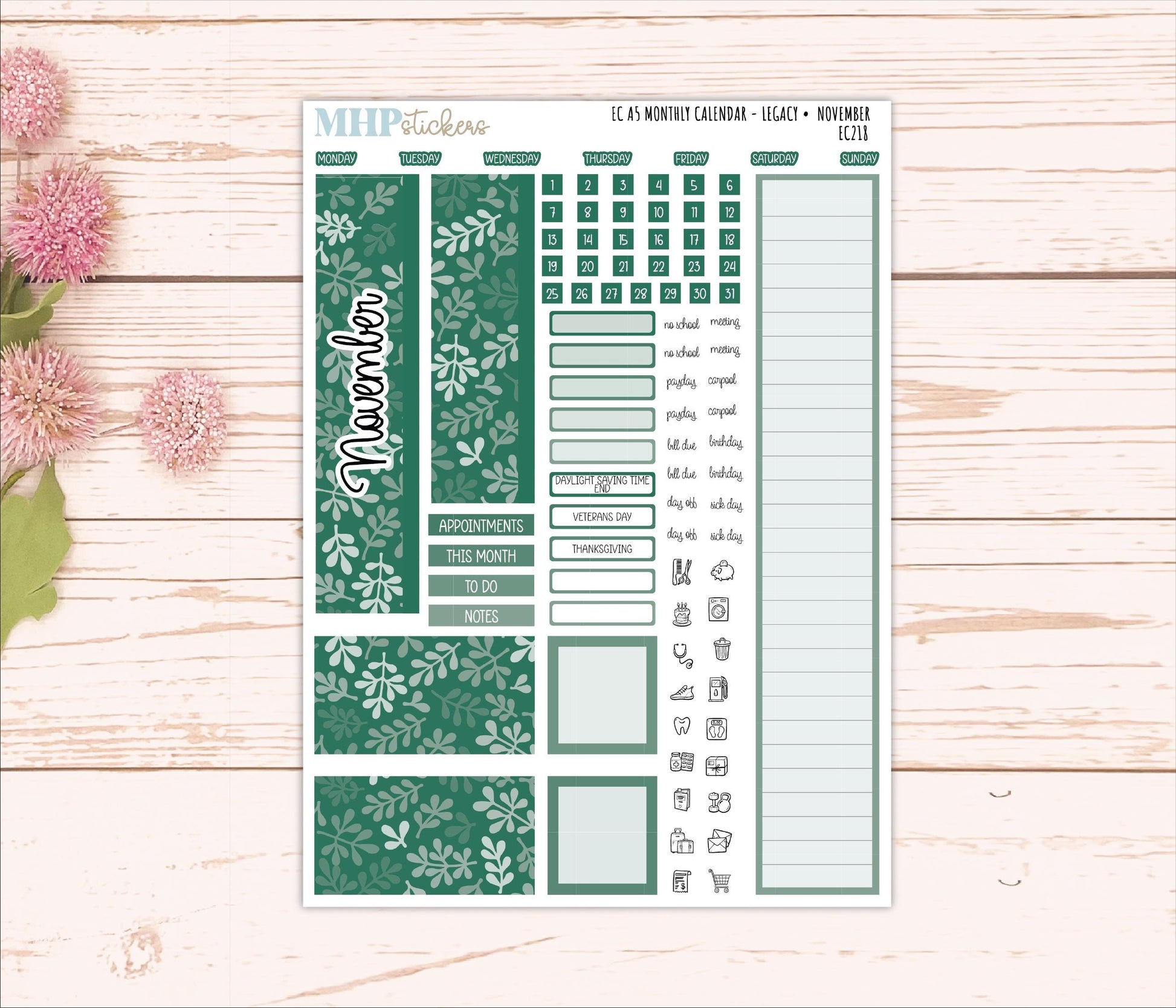 Monthly Headers for A5 Erin Condren Planners. LEGACY Color Way || EC218