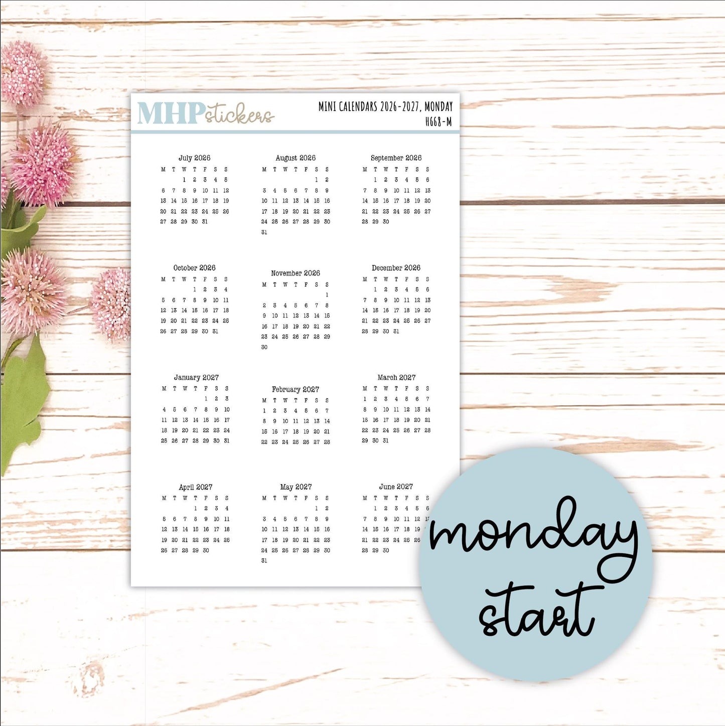 Mini 2026-2027 Calendar Stickers for Planners and Bullet Journals || H668