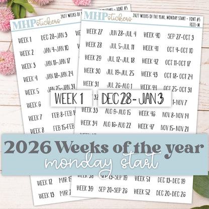 2027 Weeks of the Year Stickers MONDAY START for Planners and Bullet Journals. || F821
