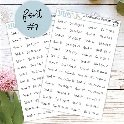 2027 Weeks of the Year Stickers MONDAY START for Planners and Bullet Journals. || F821