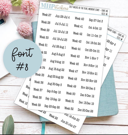 2027 Weeks of the Year Stickers MONDAY START for Planners and Bullet Journals. || F821