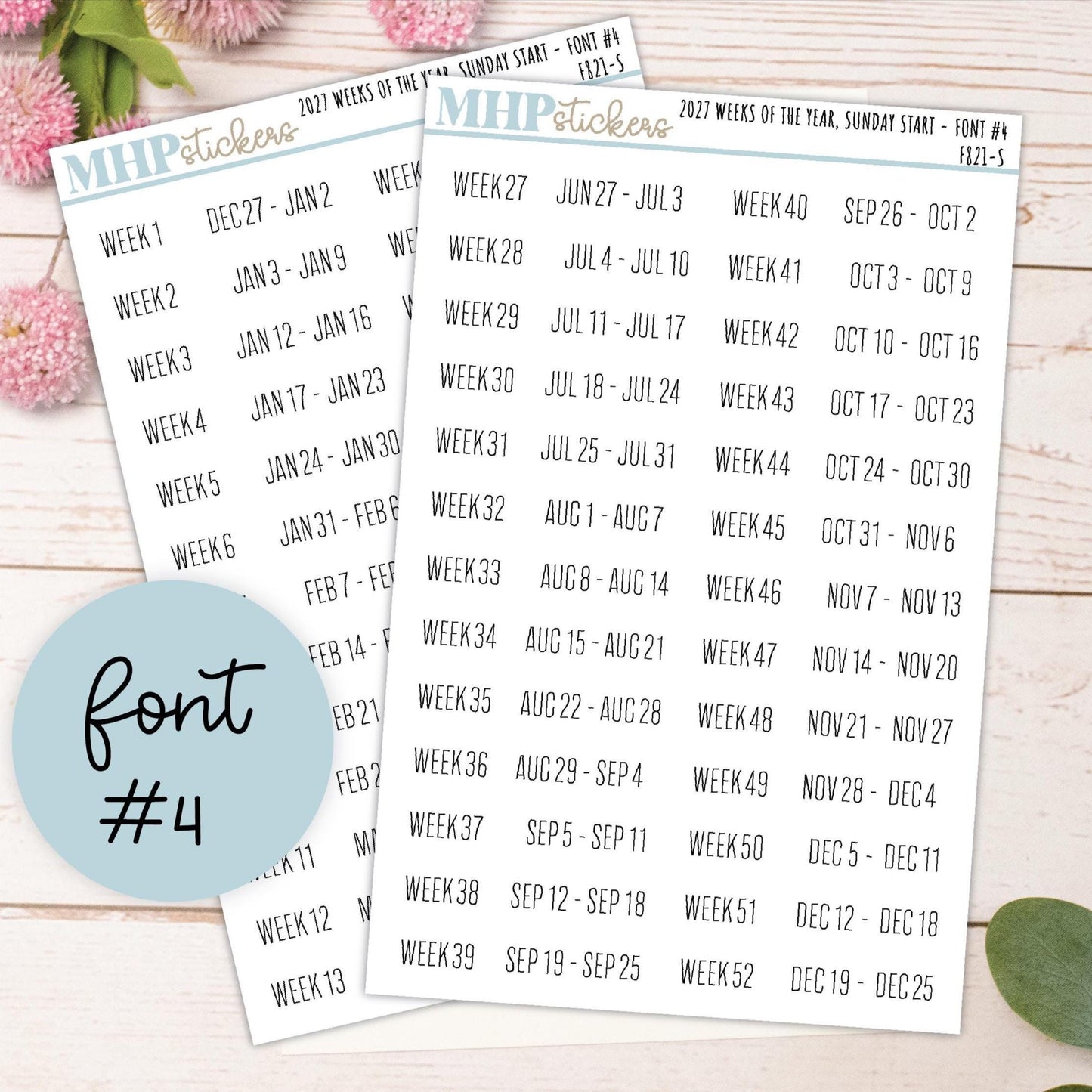 2027 Weeks of the Year Stickers SUNDAY START for Planners and Bullet Journals. || F821
