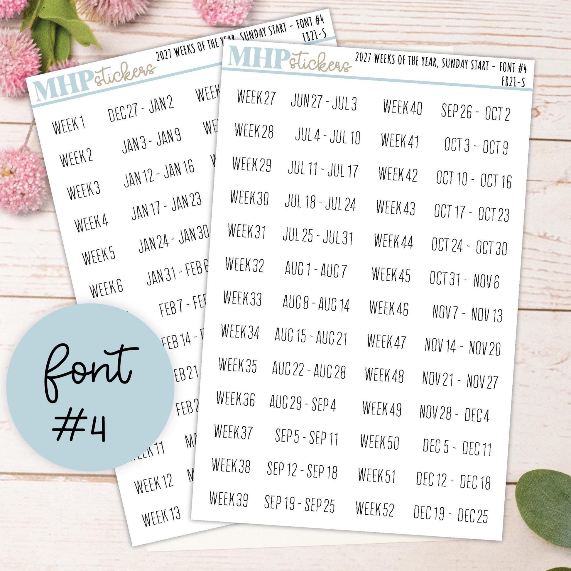2027 Weeks of the Year Stickers SUNDAY START for Planners and Bullet Journals. || F821