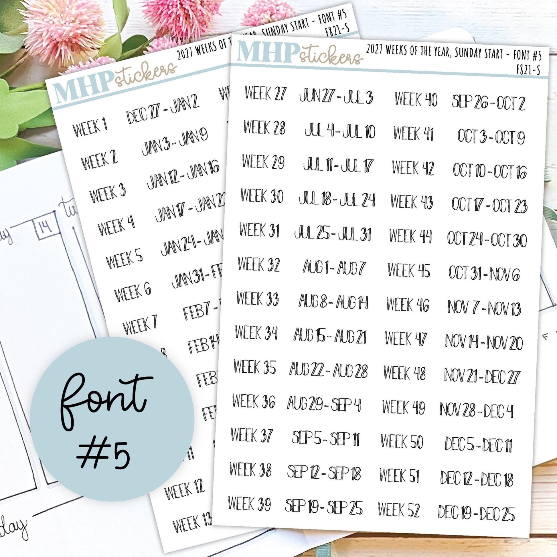 2027 Weeks of the Year Stickers SUNDAY START for Planners and Bullet Journals. || F821