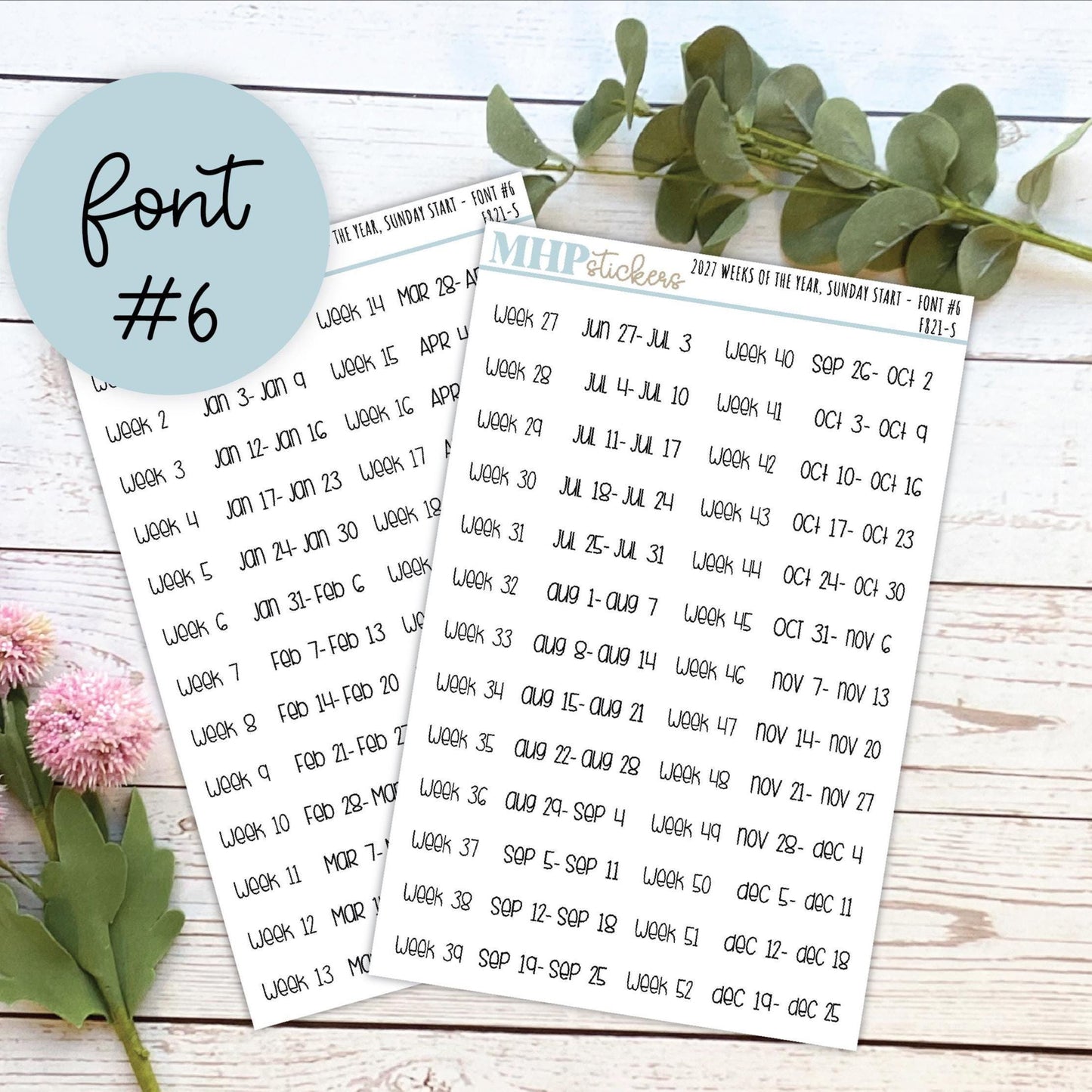2027 Weeks of the Year Stickers SUNDAY START for Planners and Bullet Journals. || F821