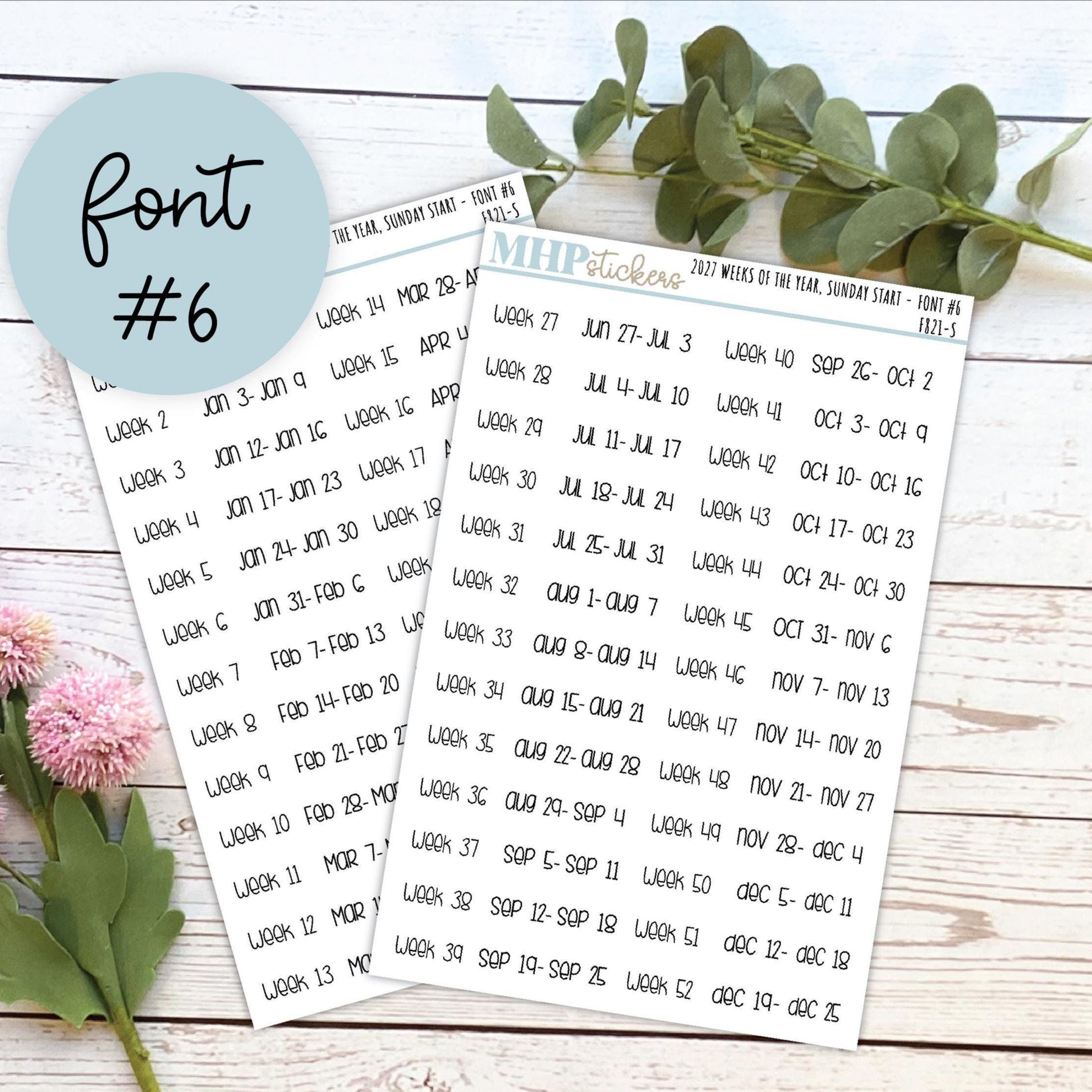 2027 Weeks of the Year Stickers SUNDAY START for Planners and Bullet Journals. || F821