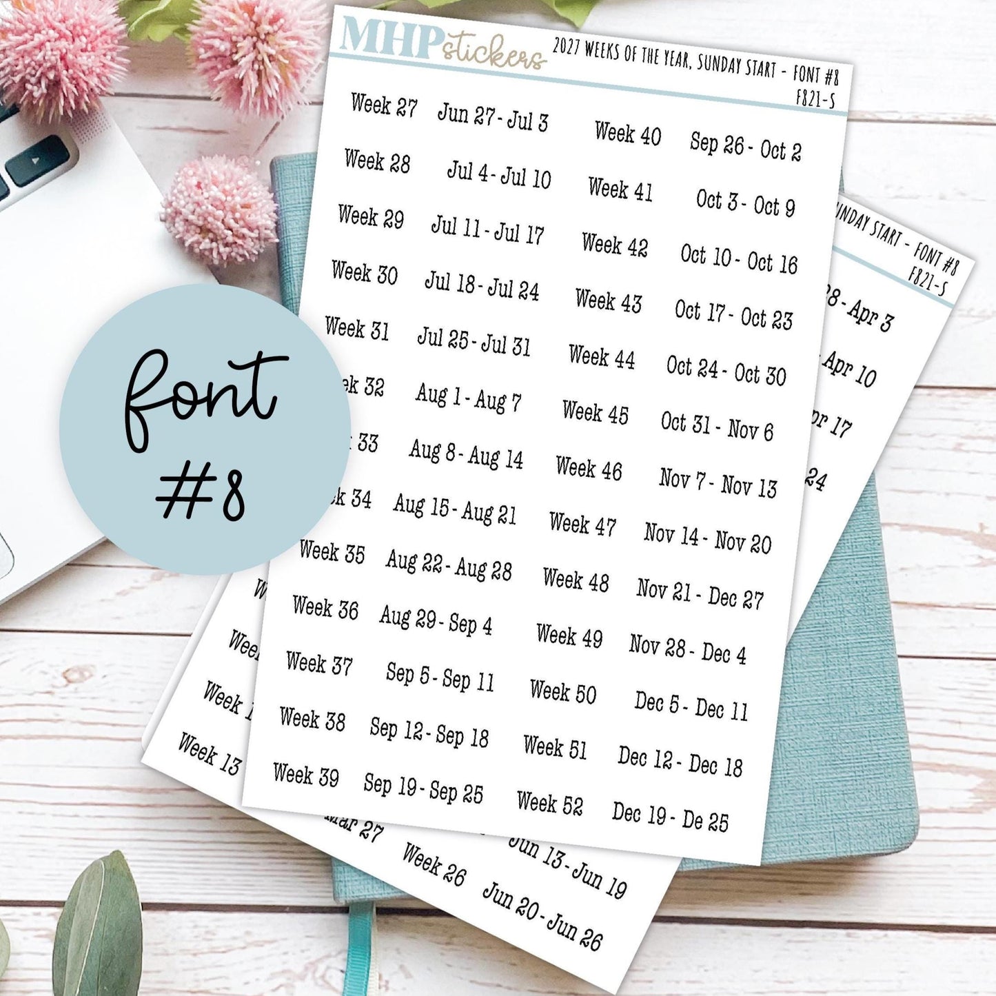 2027 Weeks of the Year Stickers SUNDAY START for Planners and Bullet Journals. || F821