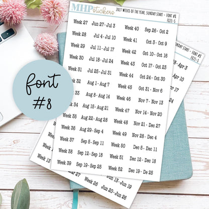 2027 Weeks of the Year Stickers SUNDAY START for Planners and Bullet Journals. || F821