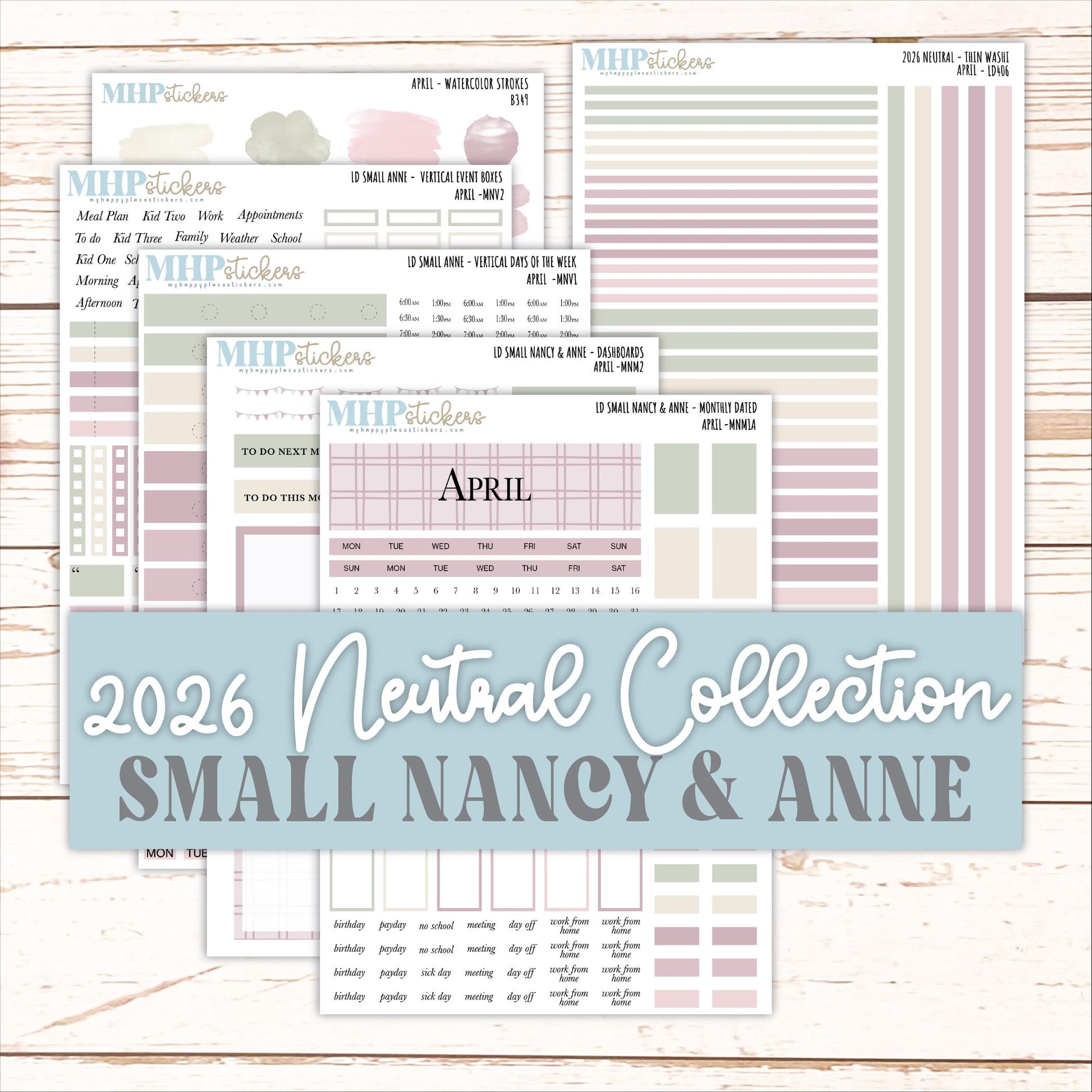 APRIL 2026 Neutral Collection Stickers for Small Nancy & Anne. Laurel Denise Planners || MN