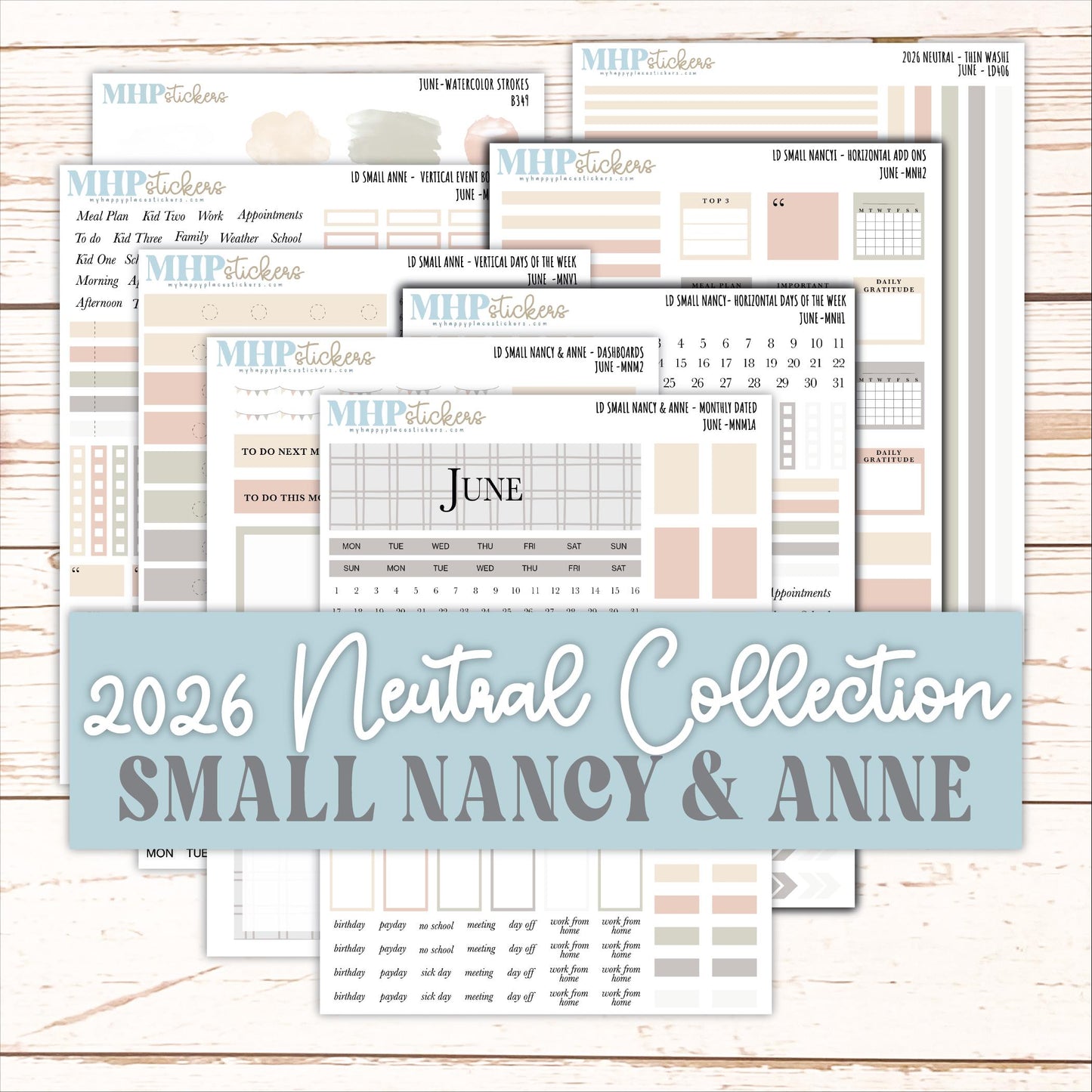 JUNE 2026 Neutral Collection Stickers for Small Nancy & Anne. Laurel Denise Planners || MN