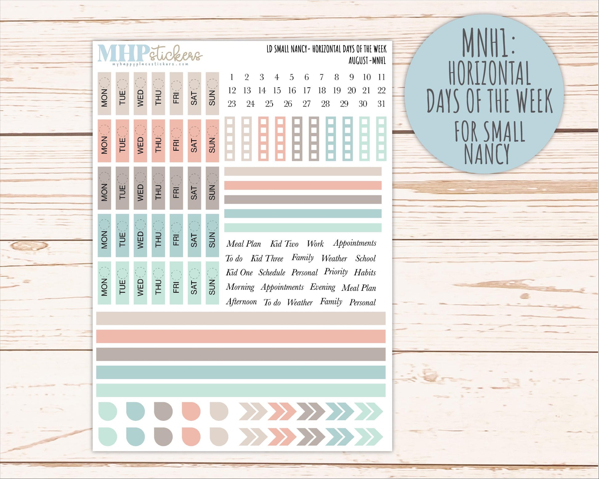 AUGUST 2026 Neutral Collection Stickers for Small Nancy & Anne. Laurel Denise Planners || MN