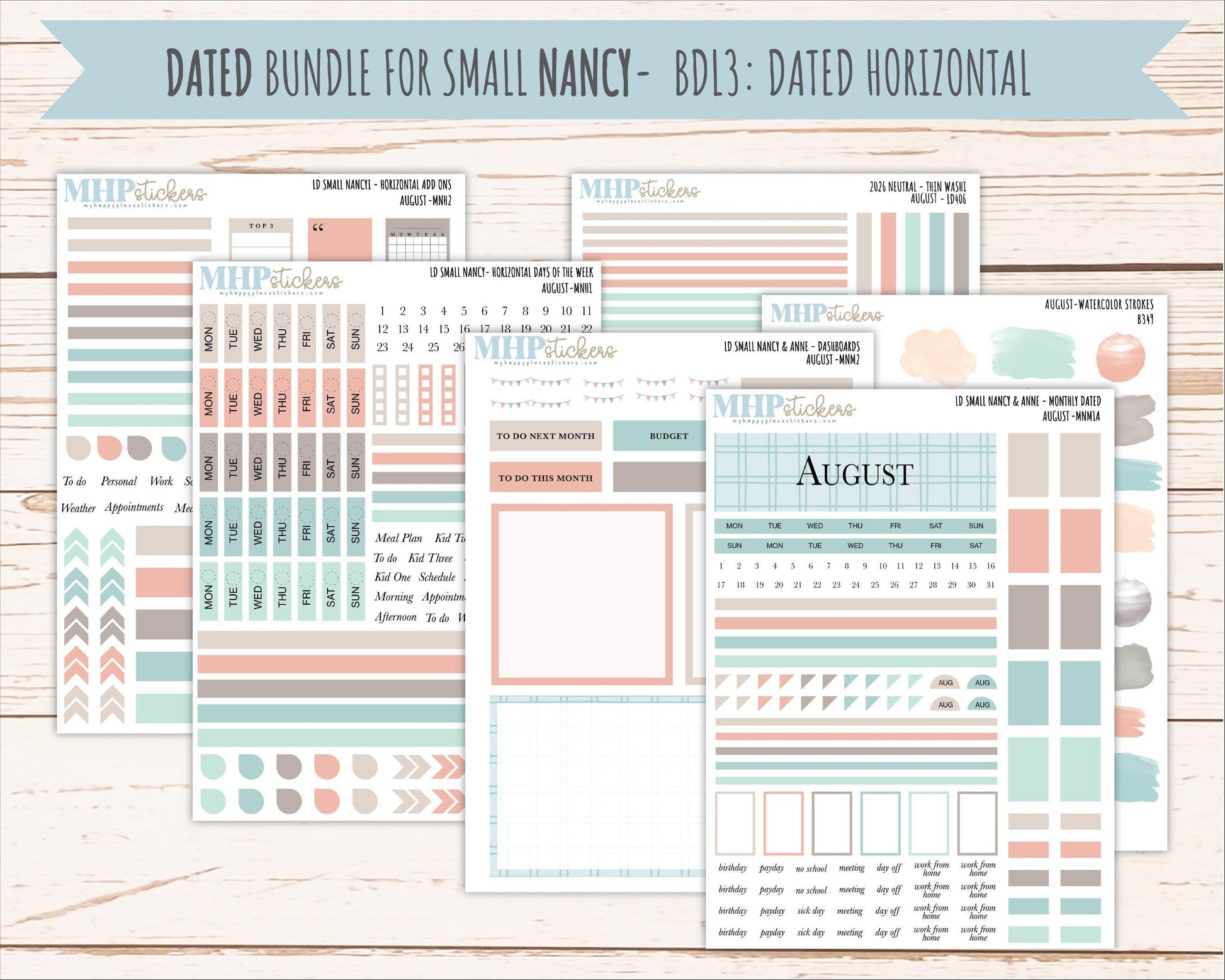 AUGUST 2026 Neutral Collection Stickers for Small Nancy & Anne. Laurel Denise Planners || MN