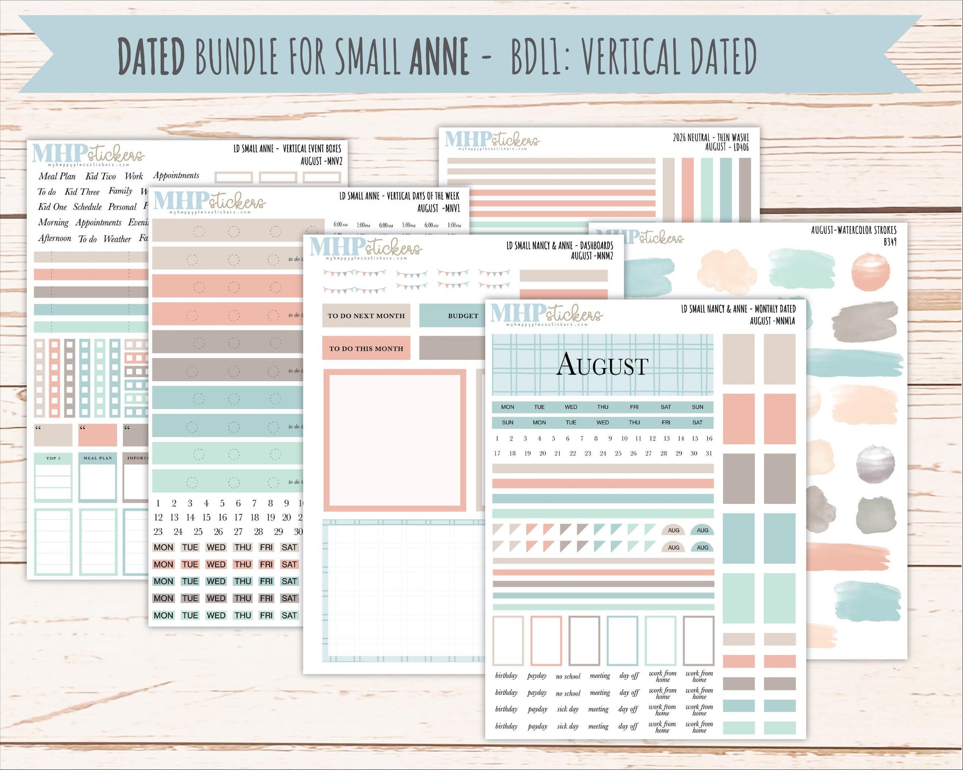 AUGUST 2026 Neutral Collection Stickers for Small Nancy & Anne. Laurel Denise Planners || MN