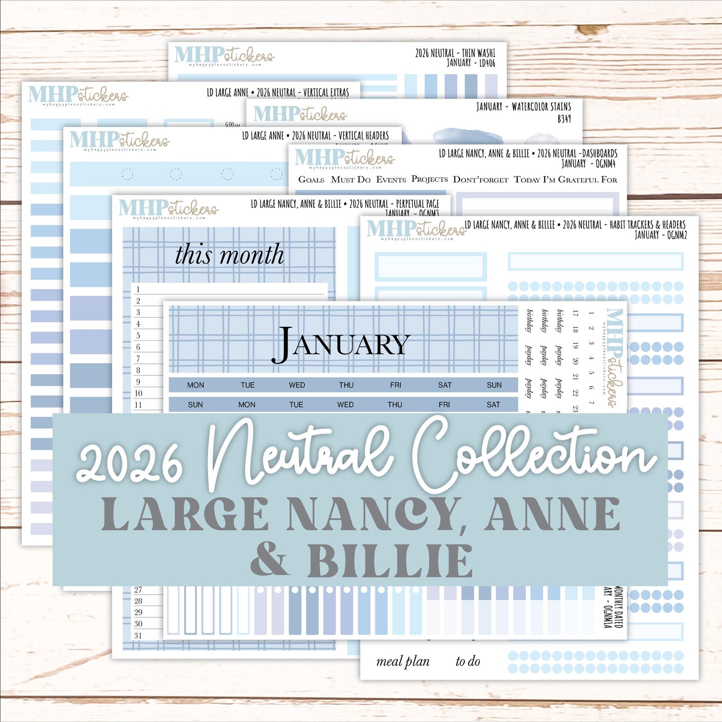 JANUARY 2026 Neutral Collection Stickers for the Large Nancy, Anne, & Billie Laurel Denise Planners || OGN