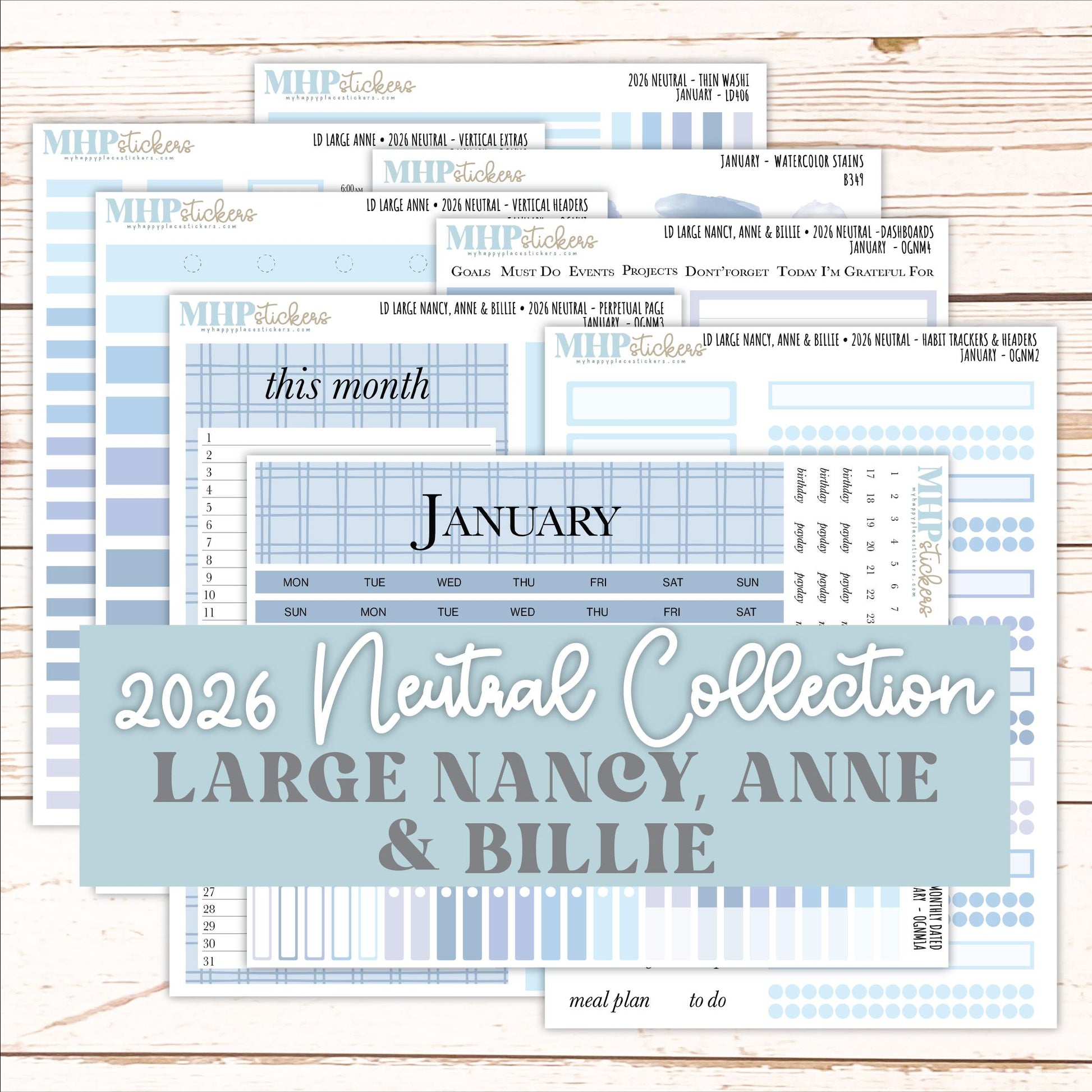 JANUARY 2026 Neutral Collection Stickers for the Large Nancy, Anne, & Billie Laurel Denise Planners || OGN
