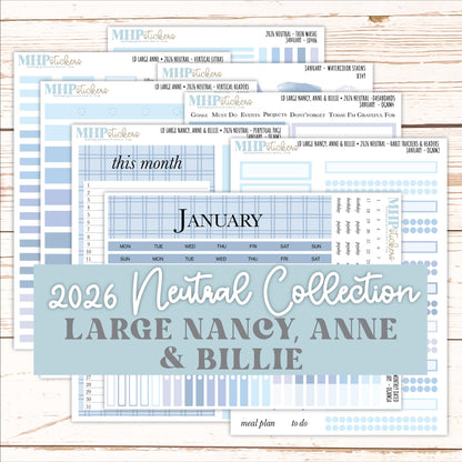 JANUARY 2026 Neutral Collection Stickers for the Large Nancy, Anne, & Billie Laurel Denise Planners || OGN