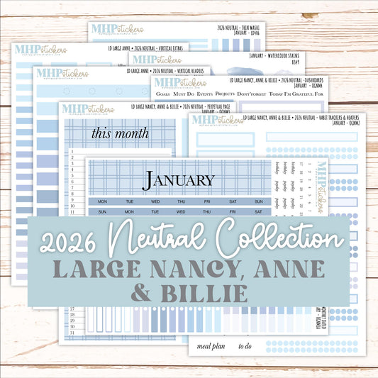 JANUARY 2026 Neutral Collection Stickers for the Large Nancy, Anne, & Billie Laurel Denise Planners || OGN
