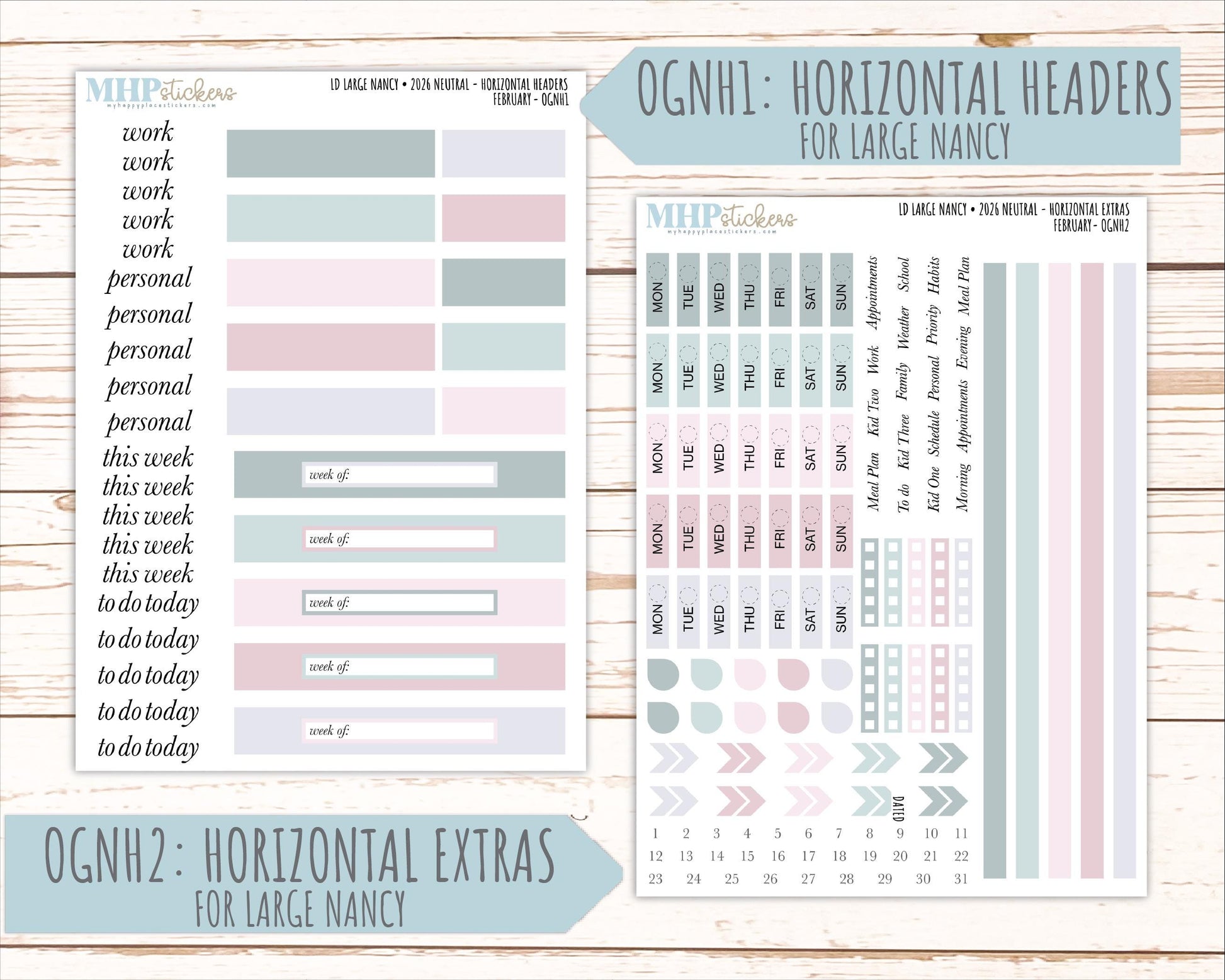 FEBRUARY 2026 Neutral Collection Stickers for the Large Nancy, Anne, & Billie Laurel Denise Planners || OGN