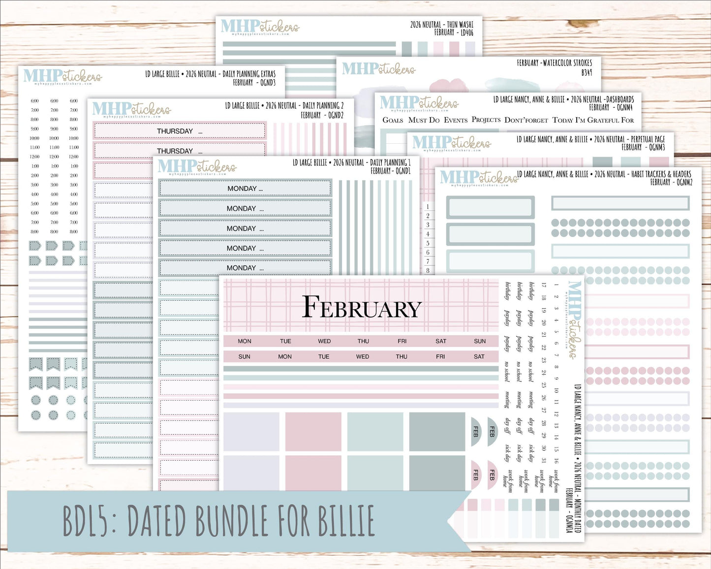 FEBRUARY 2026 Neutral Collection Stickers for the Large Nancy, Anne, & Billie Laurel Denise Planners || OGN